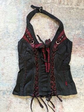 Black and Burgundy Lace-Up Halter Corset